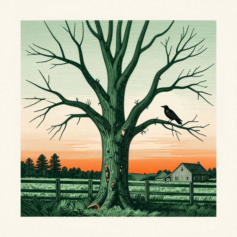 Woodcut illustration of a dead tree beside a house