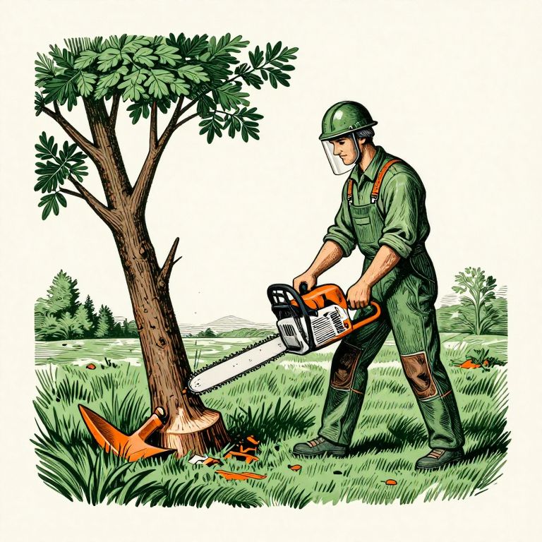 Woodcut illustration of a homeowner in full protective gear felling a small tree with a felling wedge
