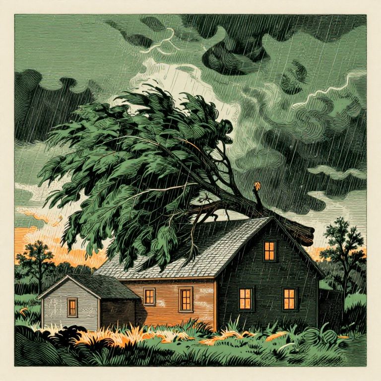 Woodcut illustration of a storm-felled tree lying on a farmhouse roof in the rain