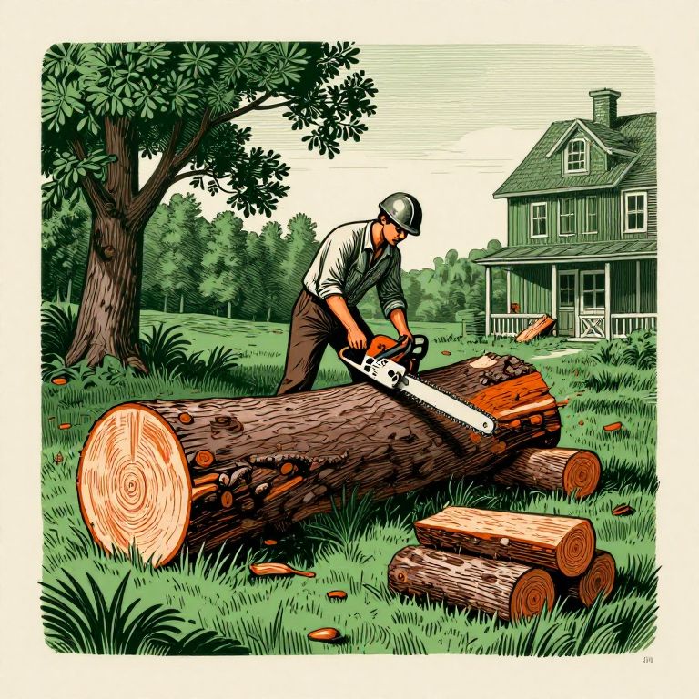 Woodcut illustration of a sawyer bucking a fallen tree trunk into firewood logs on a lawn