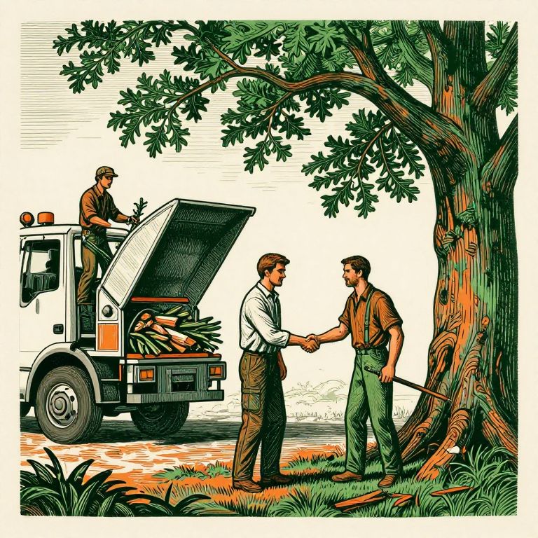 Woodcut illustration of a homeowner shaking hands with an arborist in front of a bucket truck and chipper