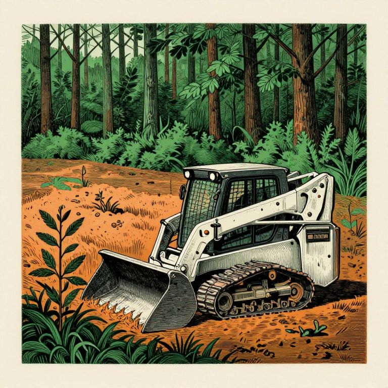 Woodcut illustration of a skid steer with forestry mulcher clearing brush at a treeline