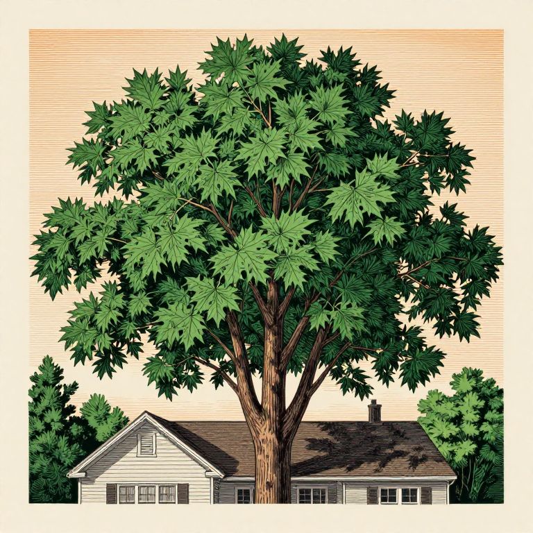 Woodcut illustration of a maple tree beside a house