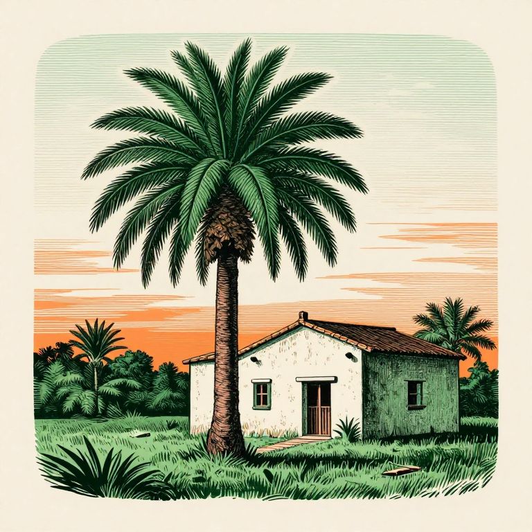 Woodcut illustration of a palm tree beside a house
