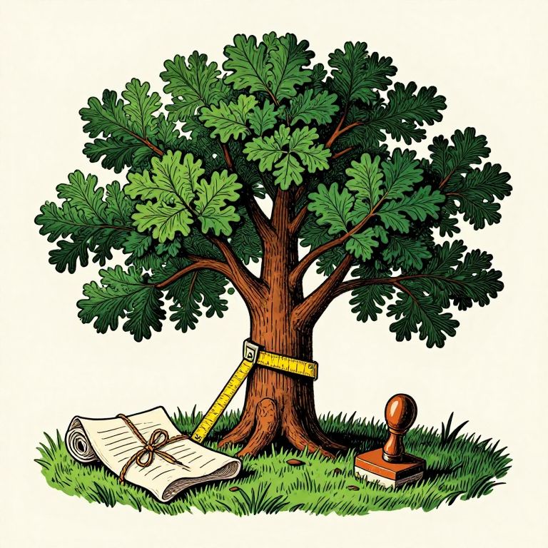 Woodcut illustration of a permit clipboard and stamp beside an oak trunk wrapped with a measuring tape