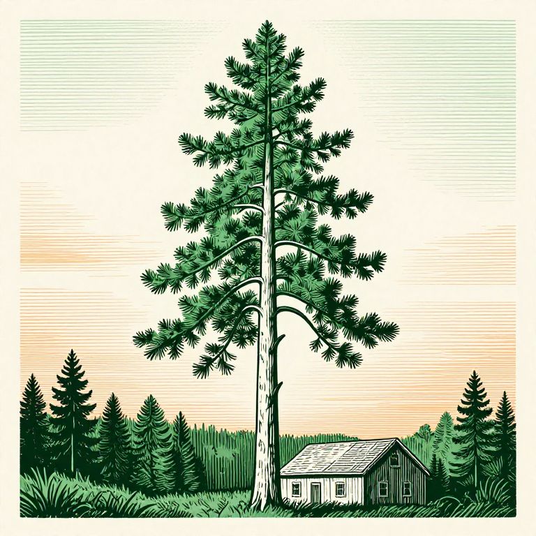Woodcut illustration of a pine tree beside a house