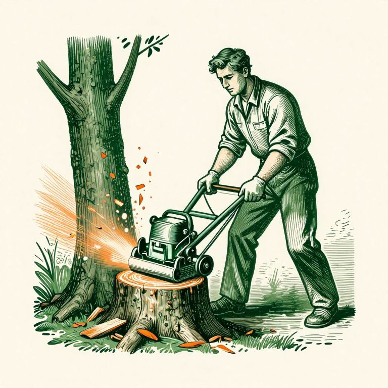 Woodcut illustration of a worker grinding a tree stump with a walk-behind stump grinder, chips flying
