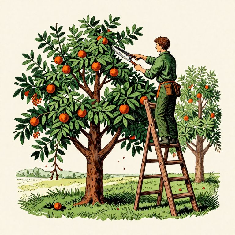 Woodcut illustration of an arborist on an orchard ladder pruning a tree with loppers