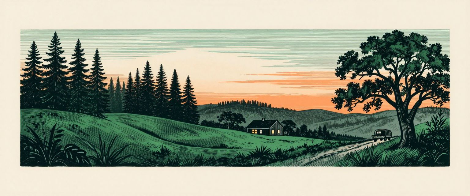 Woodcut-style panorama of a countryside treeline at dusk with a farmhouse and an arborist's truck