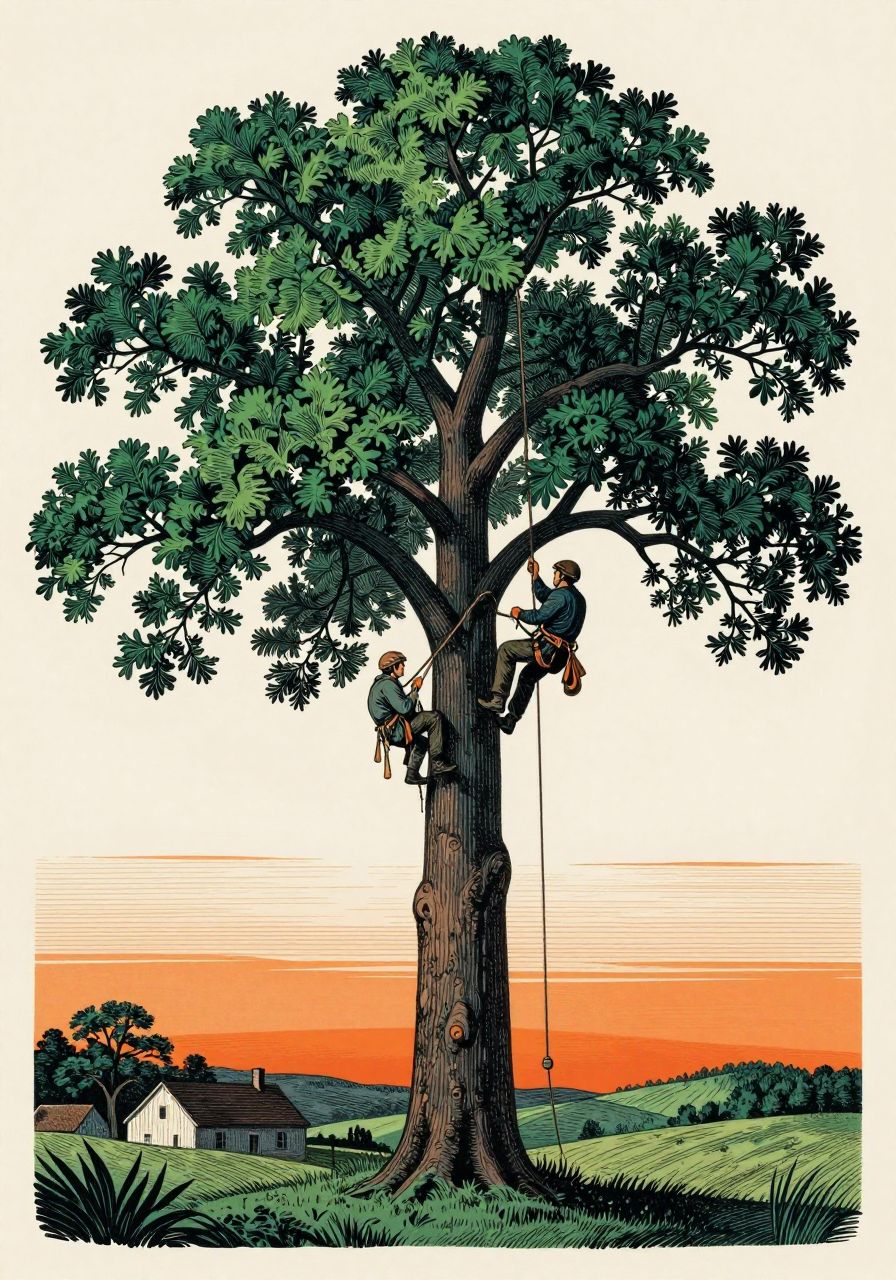 Woodcut-style illustration of two arborists in harnesses climbing a towering oak at sunset, farmhouse below