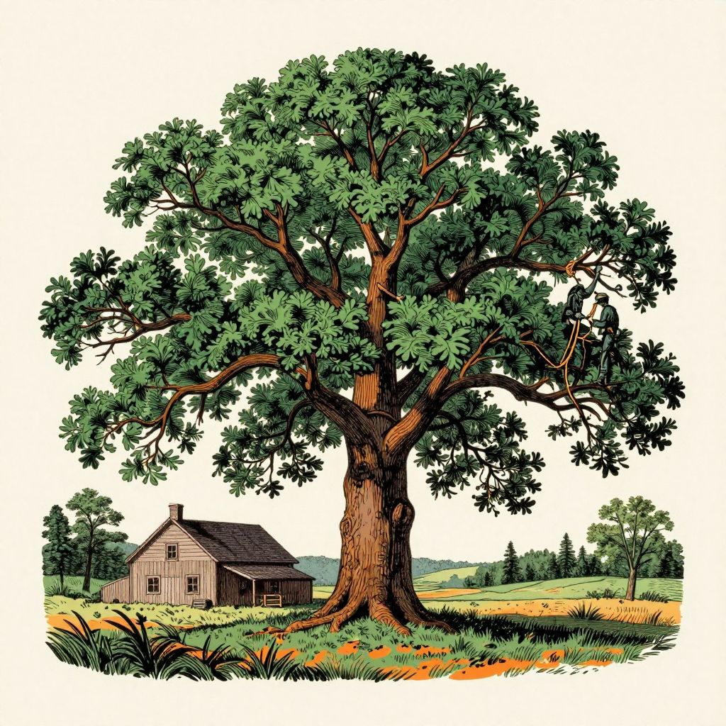 Woodcut-style illustration of arborists rigging limbs in a mature oak beside a farmhouse